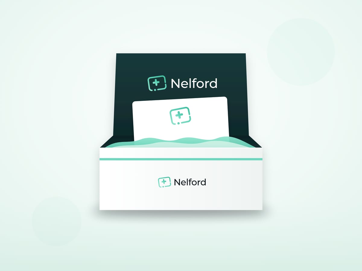 Illustration of an opened Nelford box with tissue paper and a card bearing the Nelford logo