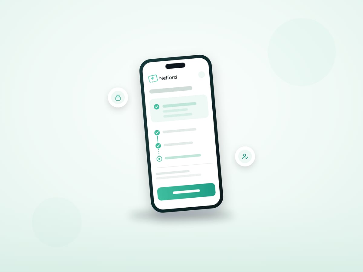 Illustration of a phone showing the Nelford app with completed progress steps