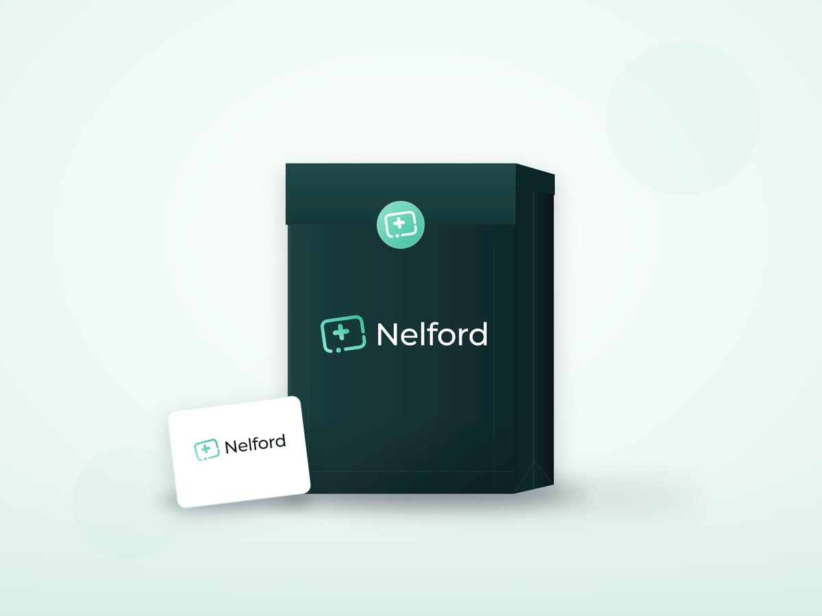 Illustration of a sealed, plain dark-green bag marked only with the Nelford logo