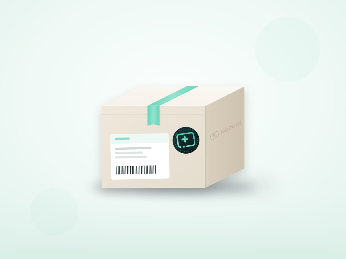 Illustration of a plain parcel with a delivery label and a small Nelford seal